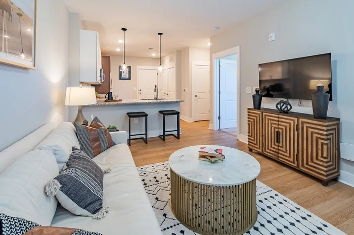 Chic living room featuring a comfortable modern sofa, elegant coffee table, stylish wooden media console, and an inviting open kitchen with bar seating.