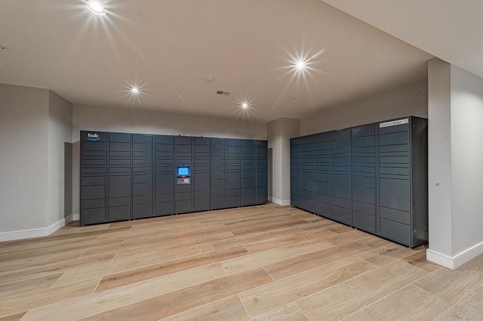 Modern apartment mailroom featuring sleek blue package lockers and elegant wooden flooring.