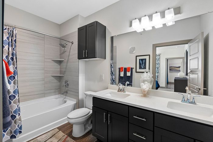 Modern bathroom with sleek double vanity, elegant lighting, and stylish shower curtain, offering a luxurious and functional design.