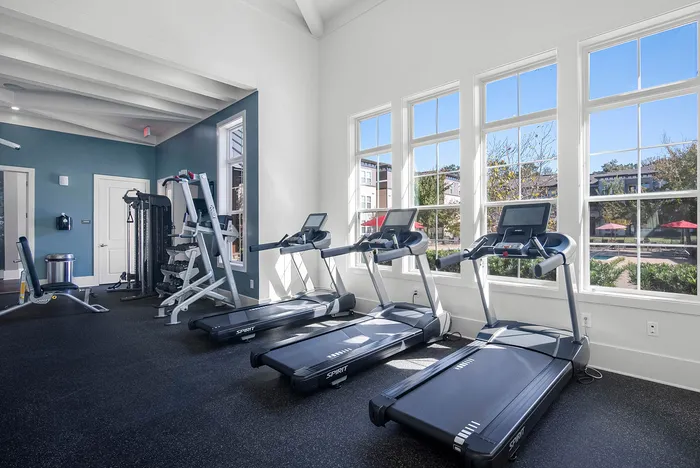 Bright and modern fitness center with large windows, featuring state-of-the-art treadmills, exercise equipment, and a scenic outdoor view.