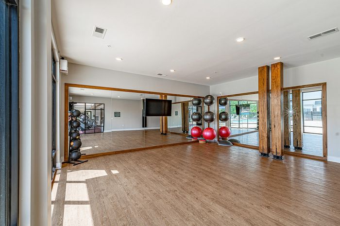 Bright fitness studio with mirrored walls, exercise balls, and large windows offering natural light.