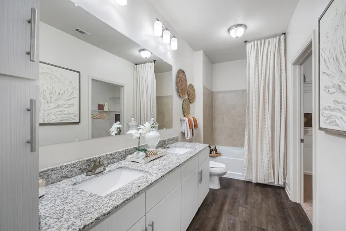 Elegant bathroom with granite countertops, dual sinks, decorative accents, and a luxurious tub in a modern apartment.