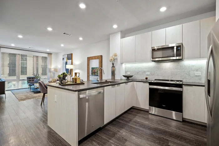 Modern open-concept kitchen and living space with sleek cabinetry, stainless steel appliances, and ambient lighting.