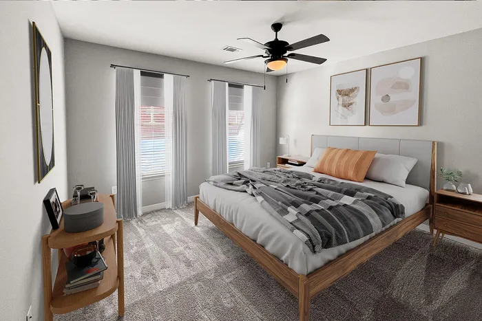 Elegant bedroom featuring a modern bed with stylish bedding, mid-century nightstands, ceiling fan, and large windows for natural light.
