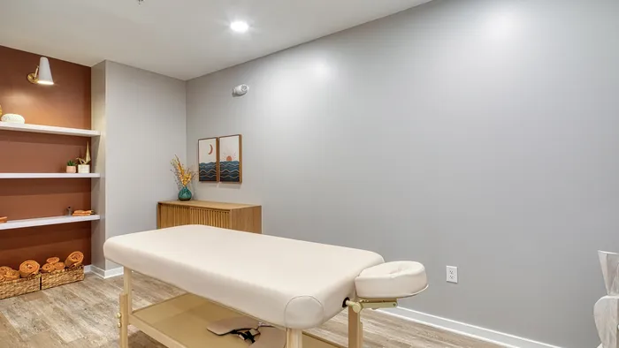 Cozy spa room with a sleek massage table, earthy tones, floating shelves, and modern decor, perfect for relaxation.