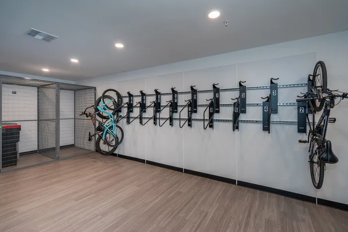 Modern indoor bike storage room with sleek bike racks and secure lockers, featuring a clean, spacious design perfect for urban living.