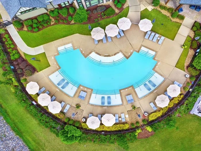 Overhead view of a luxurious curved pool surrounded by stylish lounge chairs and umbrellas, set in lush landscaped greenery.