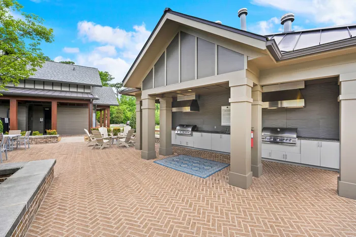 Inviting outdoor patio area with stylish seating, modern grill station, and vibrant landscape for an ideal entertainment space.