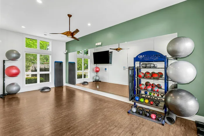 Bright and modern fitness room with large windows, yoga mats, balance balls, and a variety of exercise equipment.