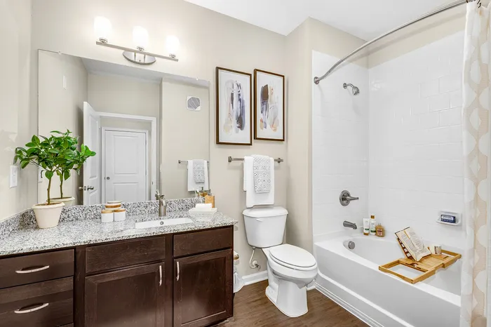 Elegant bathroom with granite countertop, decorative art, and a relaxing bathtub setup.