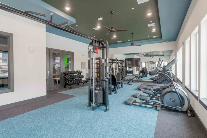 Modern fitness center with state-of-the-art equipment, featuring treadmills, weights, and blue carpeted flooring.