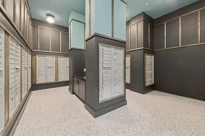 Modern and secure apartment mailroom featuring sleek mailboxes and stylish design, offering convenience and elegance.