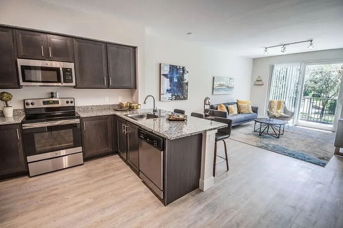 Model apartment kitchen and living area