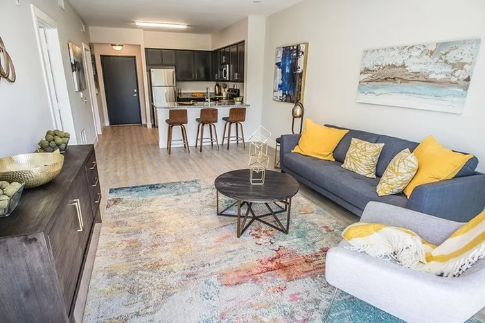 Model apartment kitchen and living area