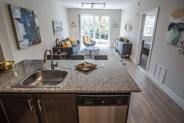 Model apartment kitchen and living area