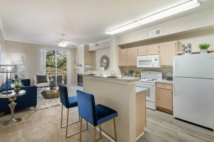 Model apartment kitchen and living area