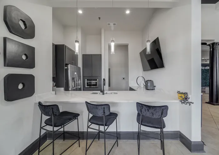 Modern kitchen with sleek gray cabinets, stylish bar seating, and chic pendant lighting. Stainless steel appliances add elegance, perfect for contemporary living.