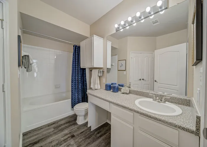 Elegant bathroom featuring a modern vanity, chic lighting, and a relaxing bathtub with stylish tiles and accents.