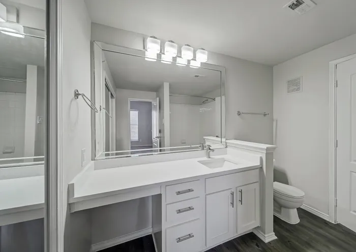 Elegant modern bathroom with sleek white cabinetry, expansive mirror, and sophisticated lighting, offering a serene and stylish space.