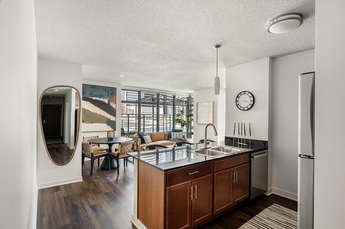 Chic open-concept apartment kitchen with modern fixtures, sleek countertops, and an inviting living area with floor-to-ceiling windows.