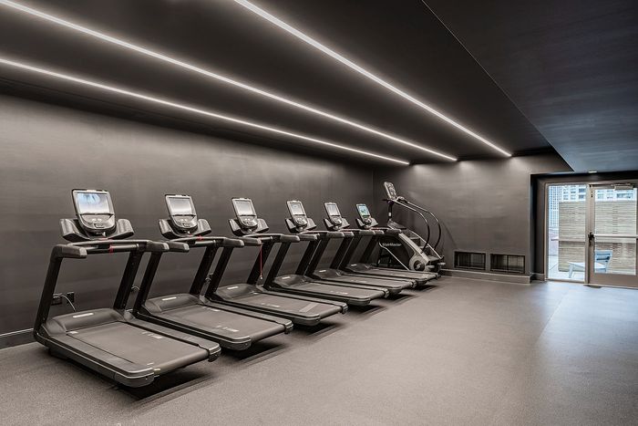 Modern gym with six sleek treadmills and a stair stepper, featuring elegant lighting and spacious design.