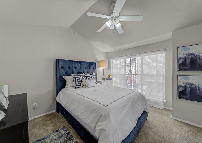 Bright and airy bedroom with plush velvet bed, elegant decor, and large windows for natural light.