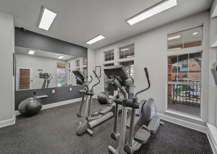 Contemporary fitness center with sleek exercise equipment, bright mirrored walls, and large windows offering scenic views.