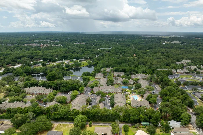 Charming aerial view of a lush green residential community with a scenic pond and modern apartments, featuring inviting outdoor amenities.