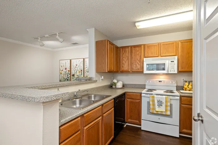 Inviting kitchen with warm wooden cabinets, modern appliances, and elegant granite countertops, perfect for culinary adventures.