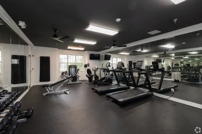 Modern fitness center with state-of-the-art equipment, including treadmills, exercise bikes, and weight machines, all in a spacious, well-lit setting.
