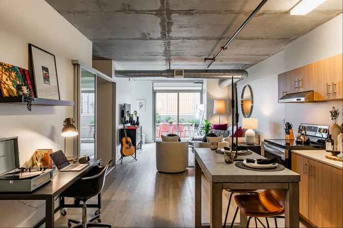 Contemporary open-plan apartment featuring a stylish kitchen, cozy living area with modern decor, and access to a bright outdoor patio.
