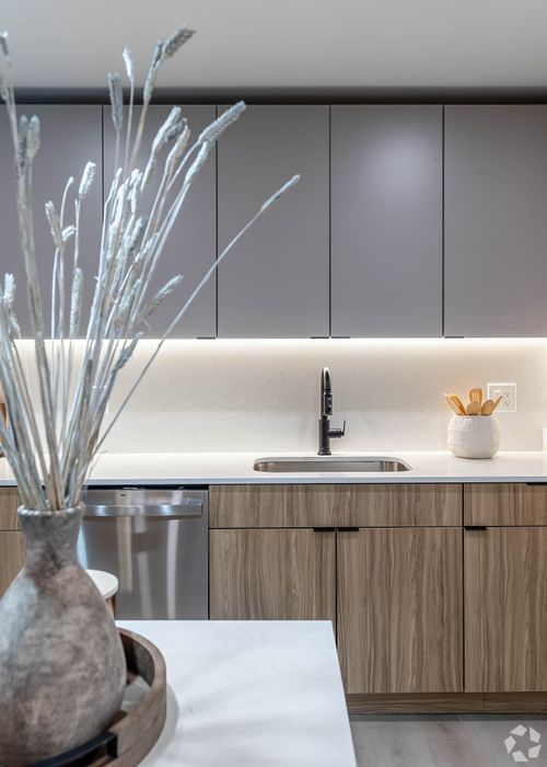 Modern kitchen with sleek wooden cabinets, elegant countertops, and stylish decor touches.