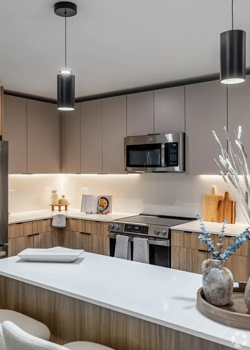 Modern kitchen design with sleek cabinetry, stainless steel appliances, and elegant pendant lighting, perfect for stylish culinary experiences.