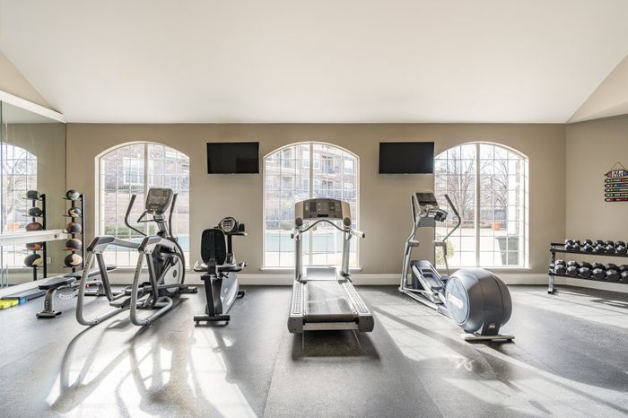 Bright and airy fitness center with modern cardio equipment, large windows, and ample natural light, perfect for energizing workouts.