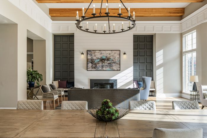 Elegant living room with high ceilings, a rustic chandelier, and a cozy fireplace, featuring large windows and modern decor.