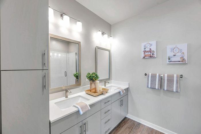Modern bathroom with elegant double vanity, stylish lighting, and chic decor.