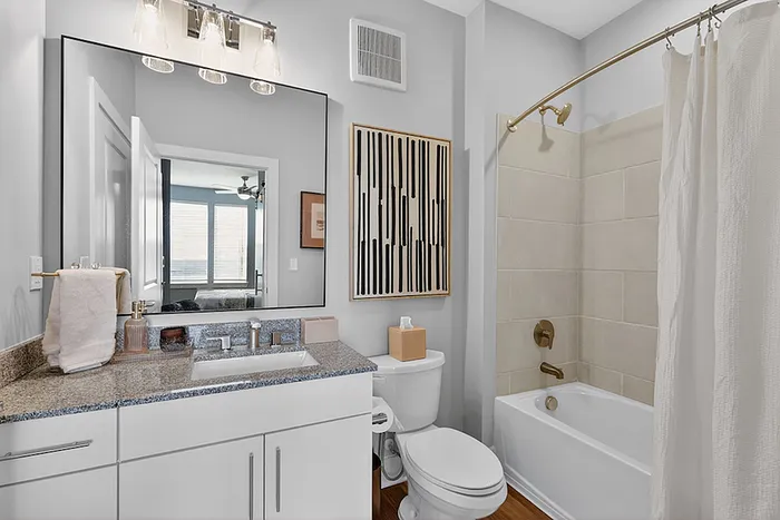 Elegant bathroom with modern fixtures, granite countertop, and spacious tub, featuring chic decor and ample natural light.