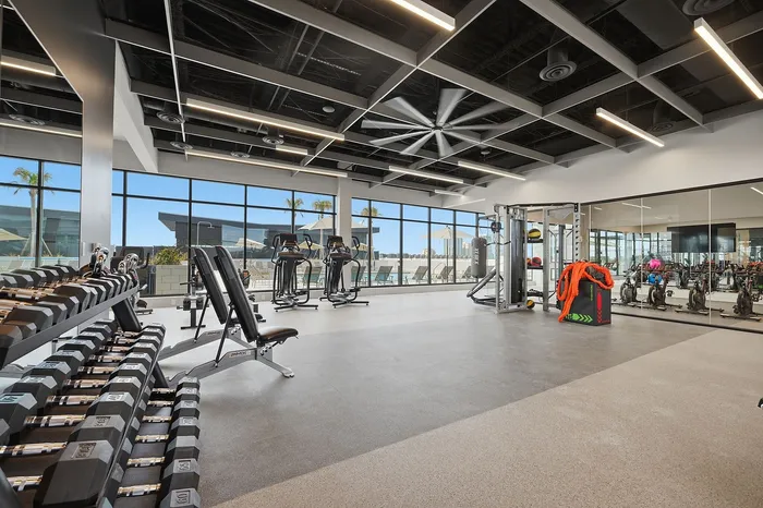 Modern fitness center featuring state-of-the-art gym equipment, sleek design, and expansive windows with city views.