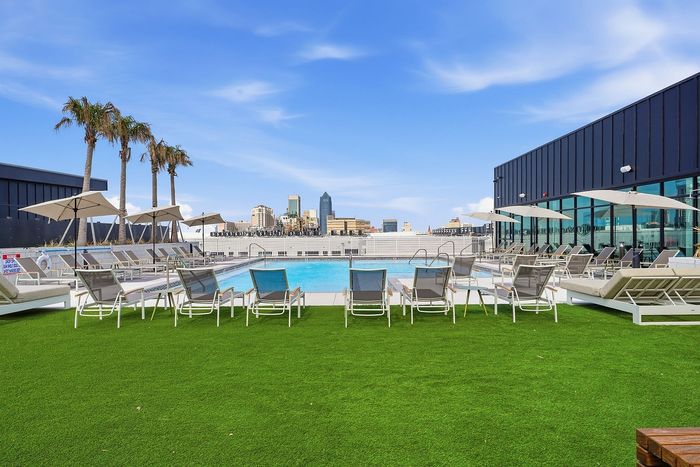 Luxurious rooftop pool with palm trees, modern lounge chairs, and a stunning city skyline backdrop.