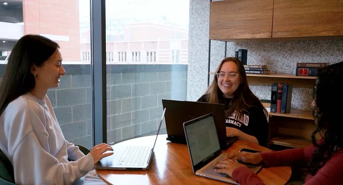 Bright and inviting workspace with three people collaborating around a wooden table, laptops open, enhancing productivity and inspiration.