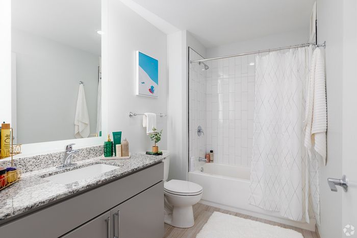 Modern bathroom with elegant granite countertop, sleek fixtures, and a stylish shower-tub combo.