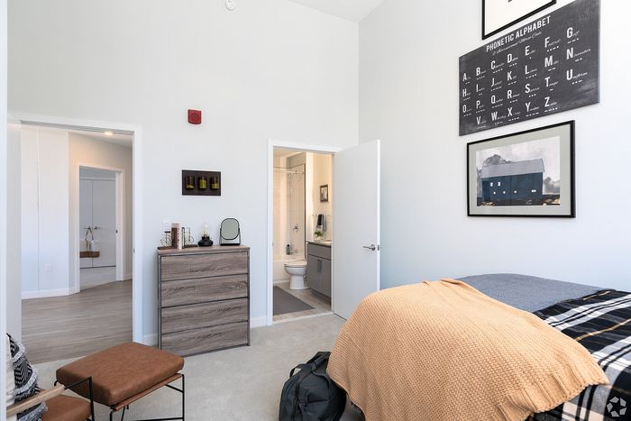 Bright and modern bedroom with plush carpeting, elegant artwork, and a stylish dresser. Adjacent bathroom features sleek fixtures, enhancing the contemporary ambiance.