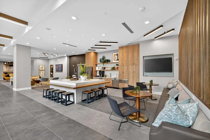 Modern open-concept communal area with stylish kitchen, cozy seating, and contemporary decor, perfect for social gatherings.