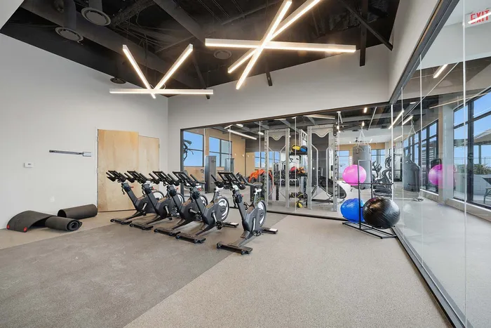 Modern fitness center with exercise bikes, yoga mats, and vibrant exercise balls under stylish lighting.