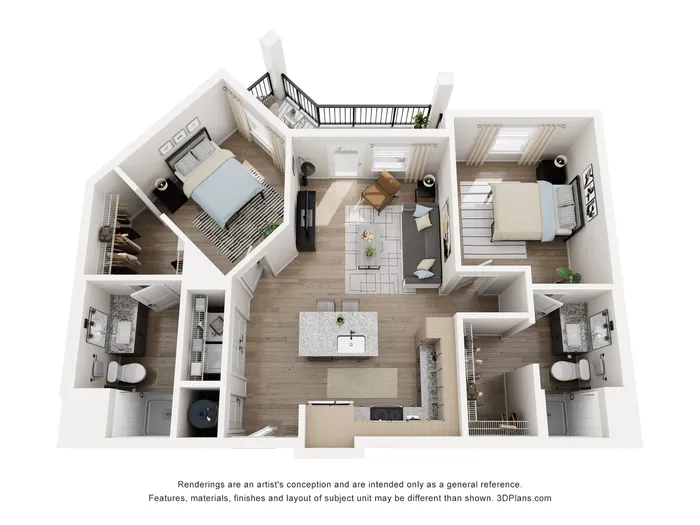 Elegant 3D floor plan showcasing 2 bedrooms, a modern living area, and a stylish open kitchen, complete with two bathrooms and a charming balcony view.