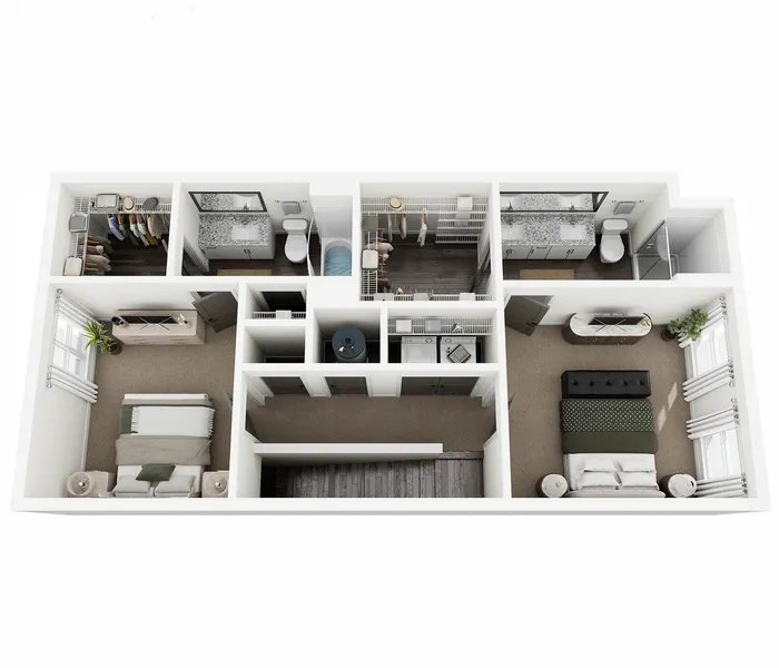 Modern 3D floor plan showcasing two spacious bedrooms, elegant bathrooms, and a contemporary kitchen, ideal for stylish urban living.