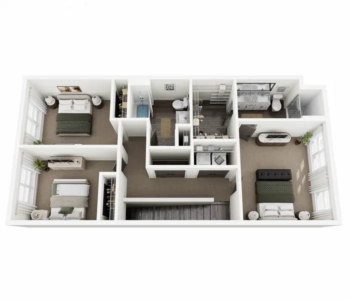 Chic 3D floor plan showcasing a modern layout with 3 spacious bedrooms, elegant bathrooms, and a cozy living area perfect for relaxation.