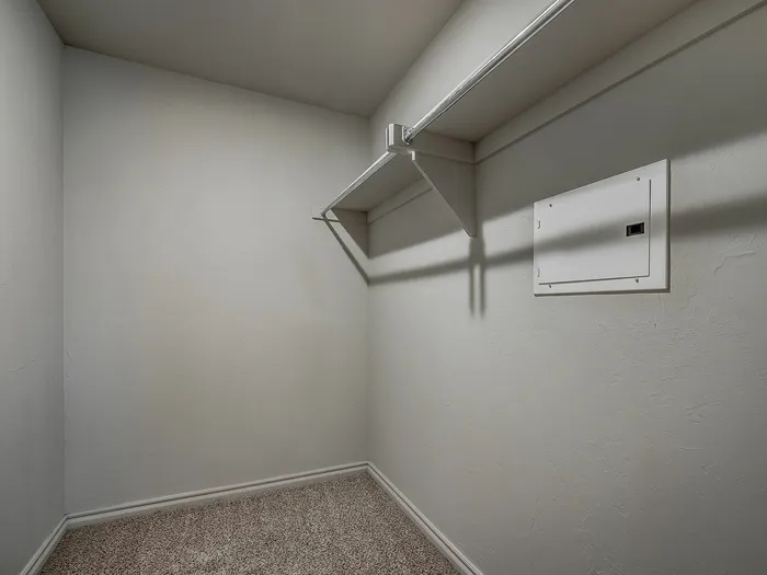 Empty walk-in closet with carpeted floor and single shelf for storage.