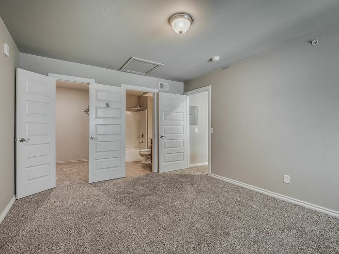 Room featuring plush carpet, multiple white panel doors, and ambient ceiling light.