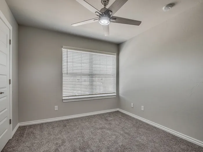 Bright, inviting bedroom with soft carpet and stylish ceiling fan.